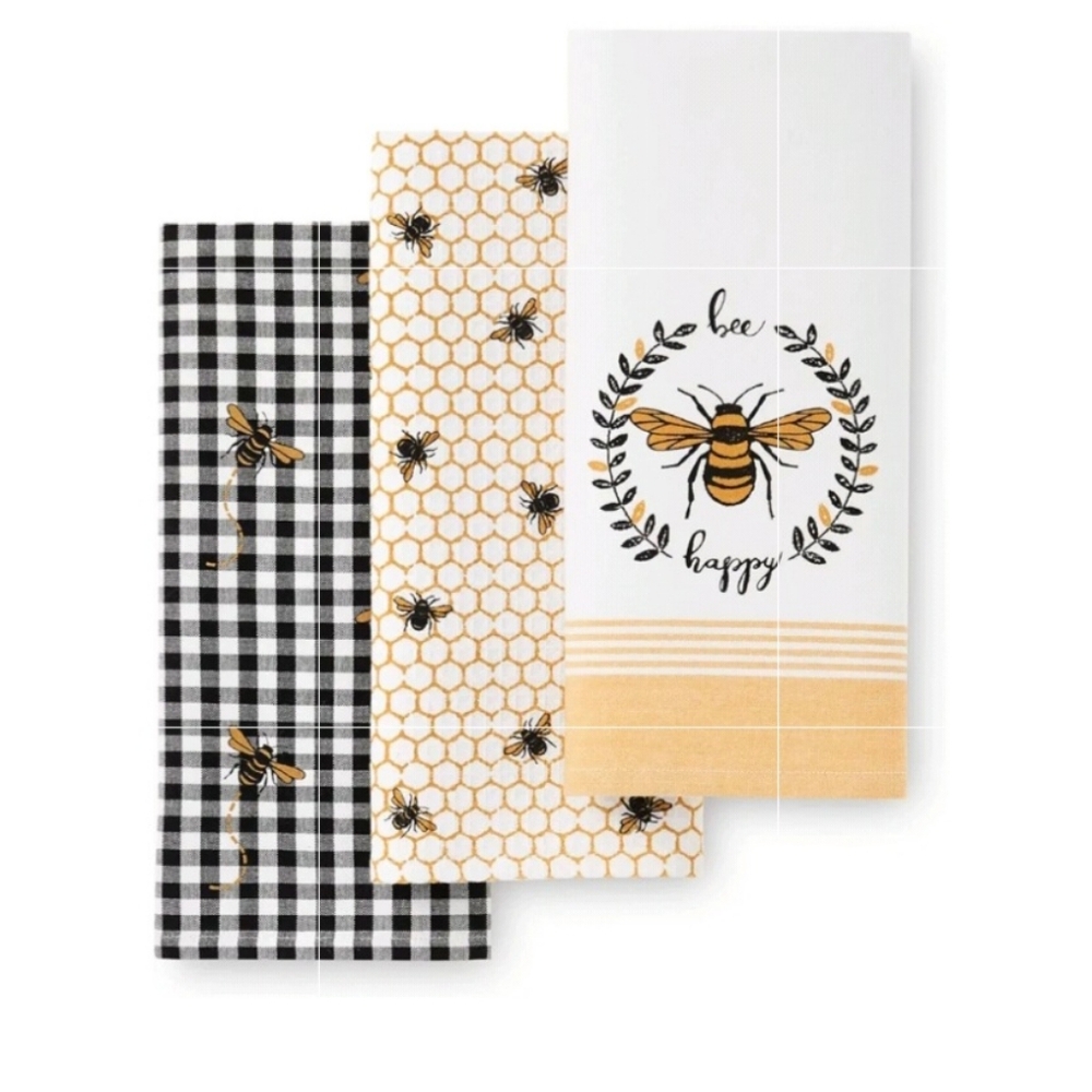 Elrene Farmhouse Living Collection Bee Happy Kitchen Towels Set of 3 NWT RETIRED